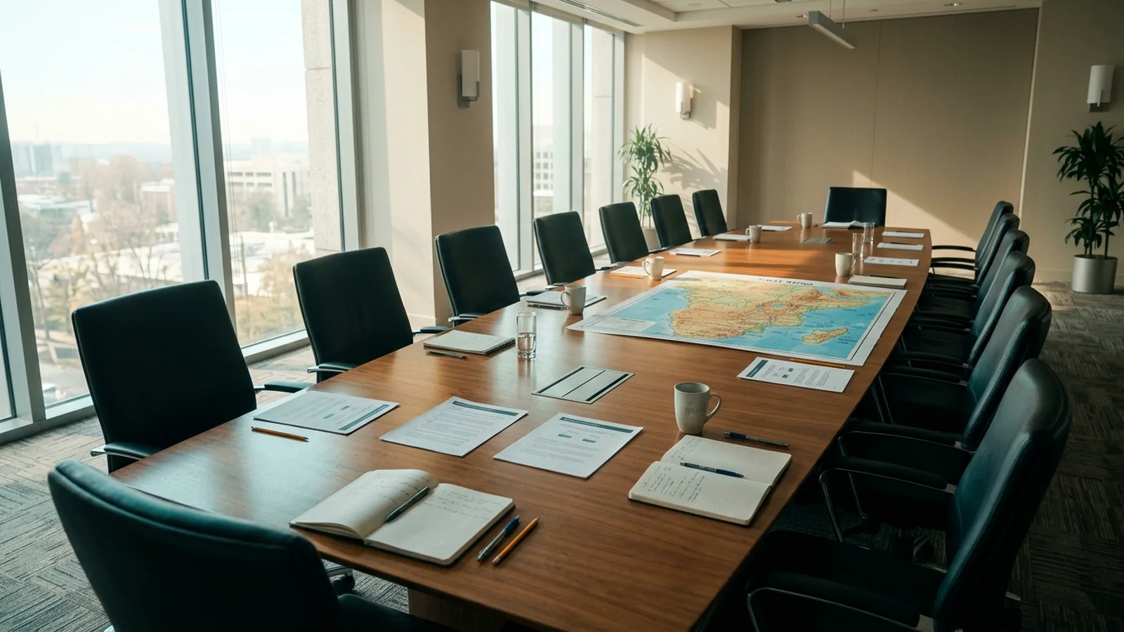Illustration: policy documents and a map of East Africa on a boardroom table