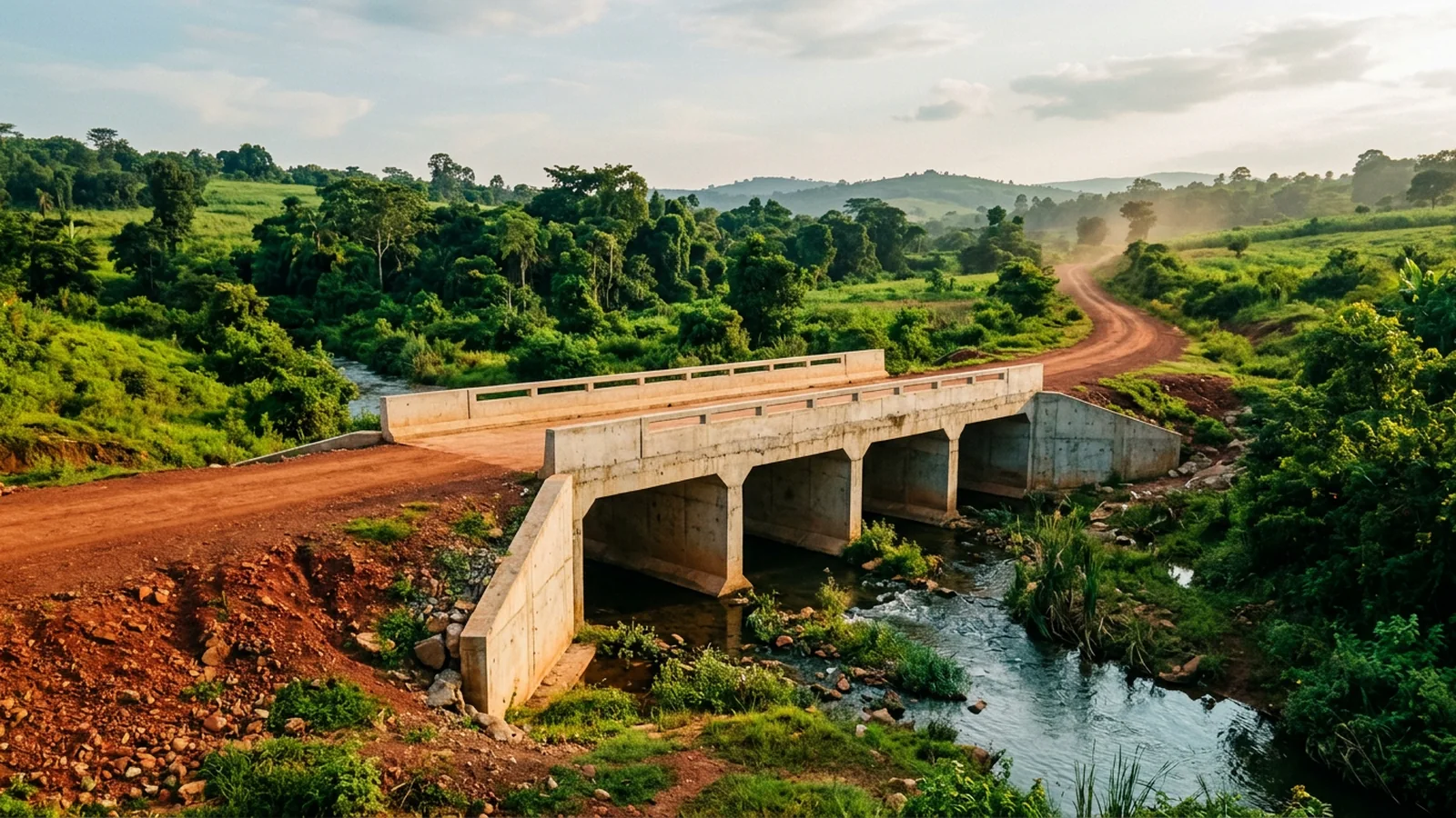 Illustration: a new concrete bridge and box culverts on a rural road
