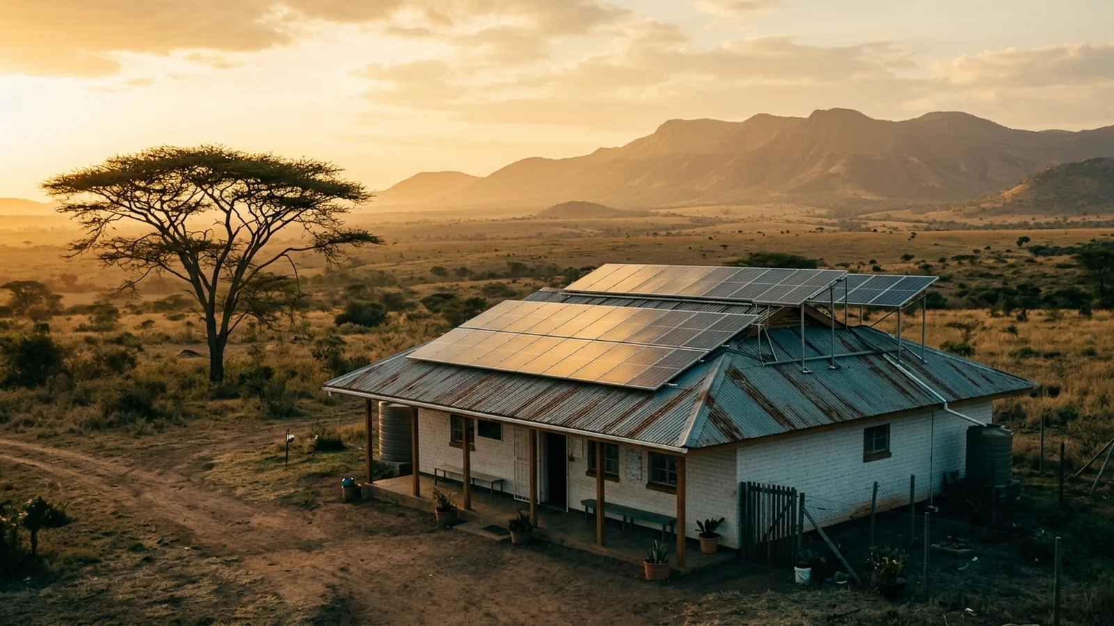 Illustration: solar panels on the roof of a rural health centre at golden hour