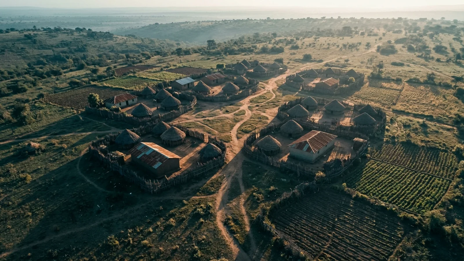 Illustration: a rural village from the air at dawn