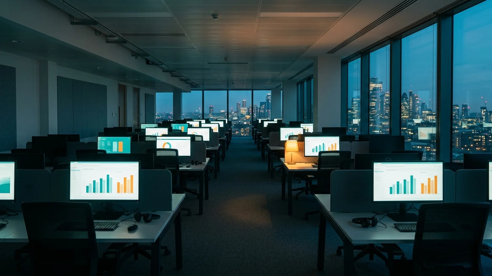 Illustration: a survey call floor after hours with dashboards on the monitors