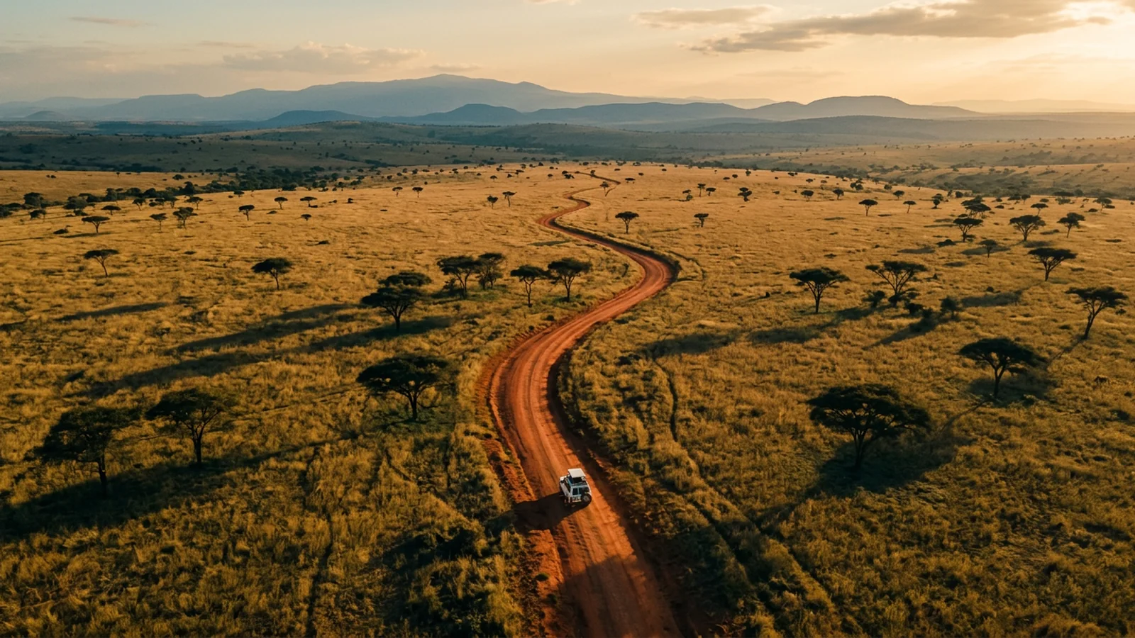 Illustration: a red-earth road through golden savanna from the air